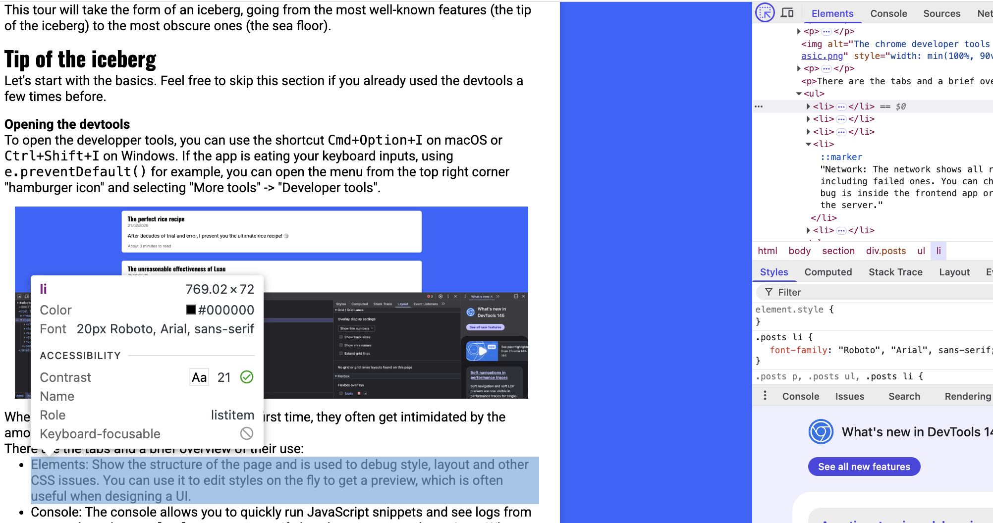 The chrome developer tools used to highlight a li element