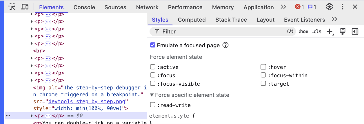 Emulating focus inside chrome dev tools