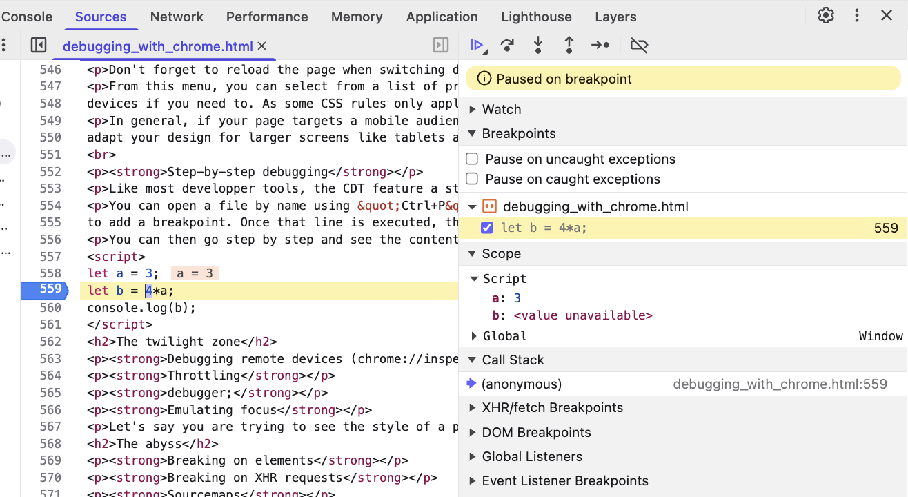 The step-by-step debugger in chrome triggered on a breakpoint.